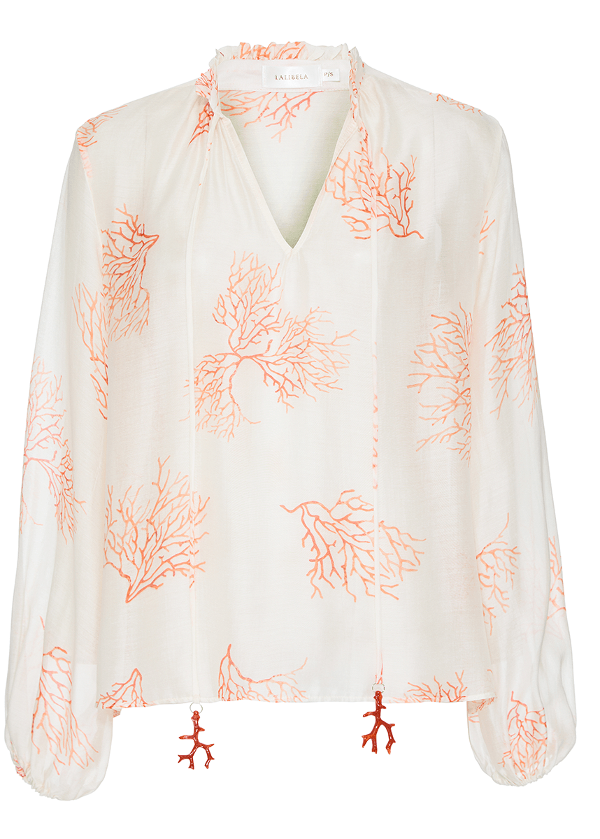 White scarf with coral pattern on a white background