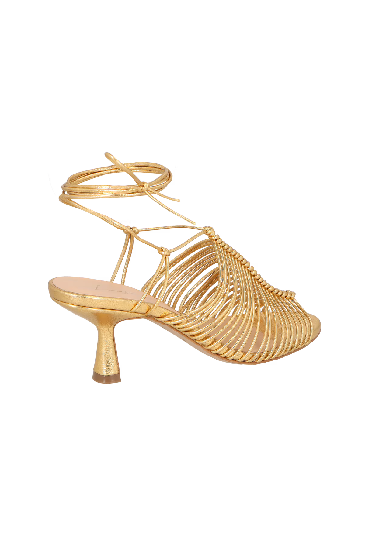 Gold high-heeled sandal with intricate design on a white background