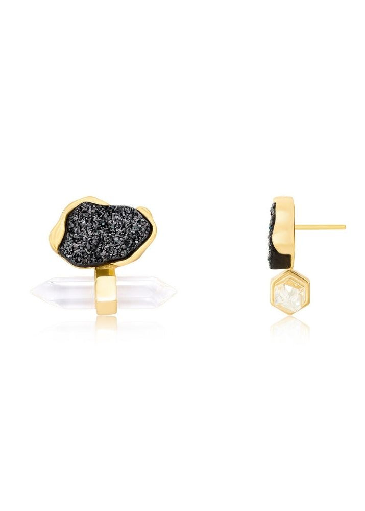 gold plated earring with black druzy and crystal