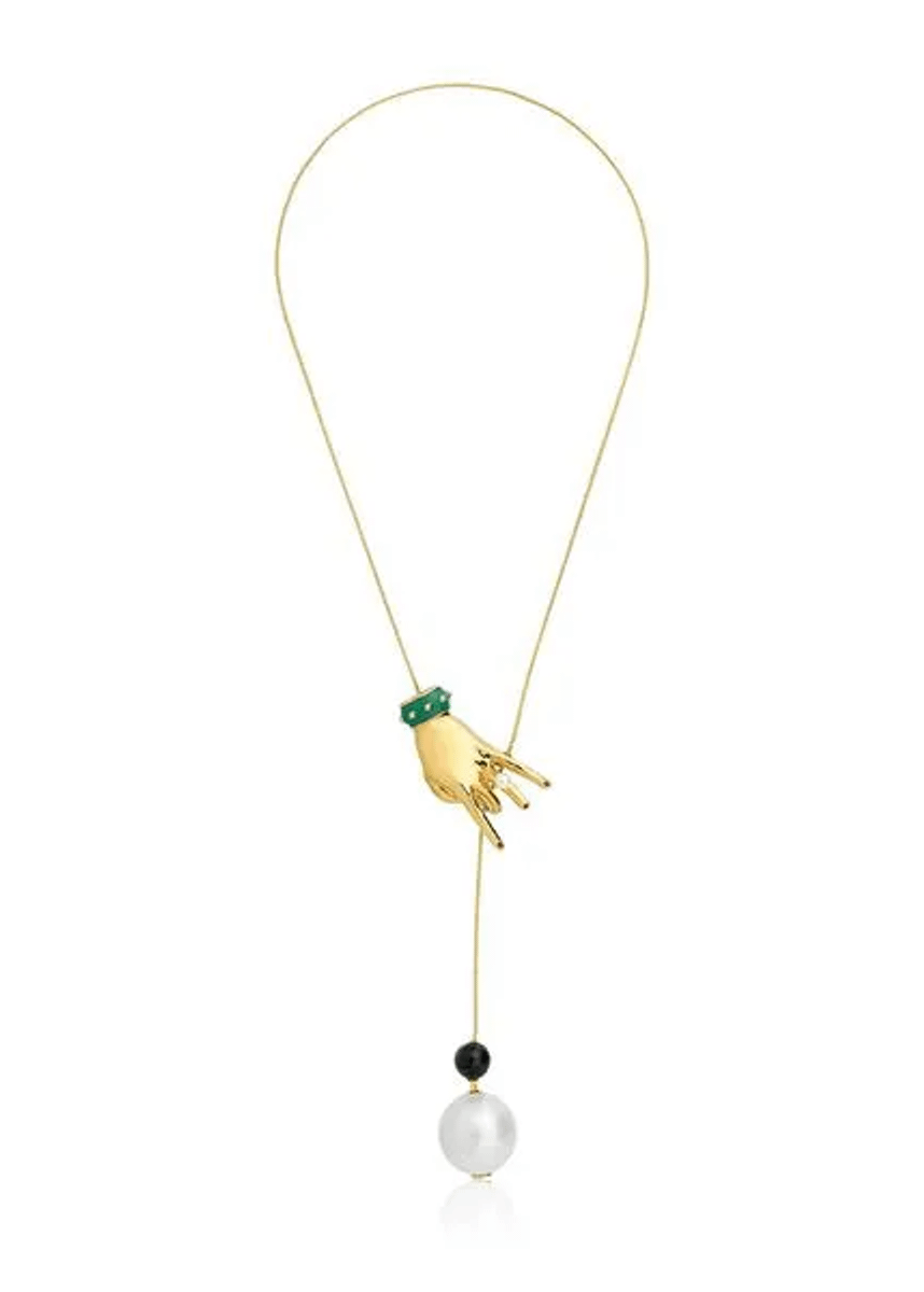 Necklace with a hand-shaped pendant and beads on a white background