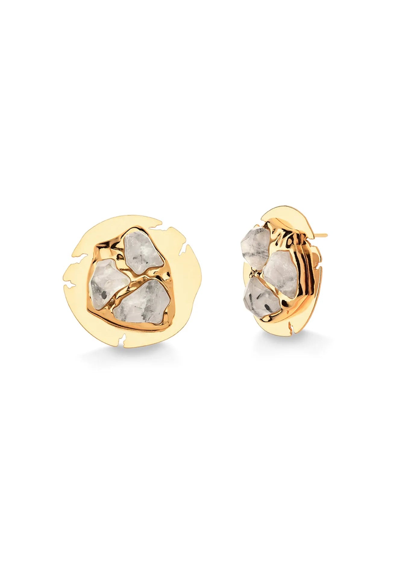 A pair of gold stud earrings featuring irregular clear gemstones set in a textured gold bezel, shown on a clean white background.