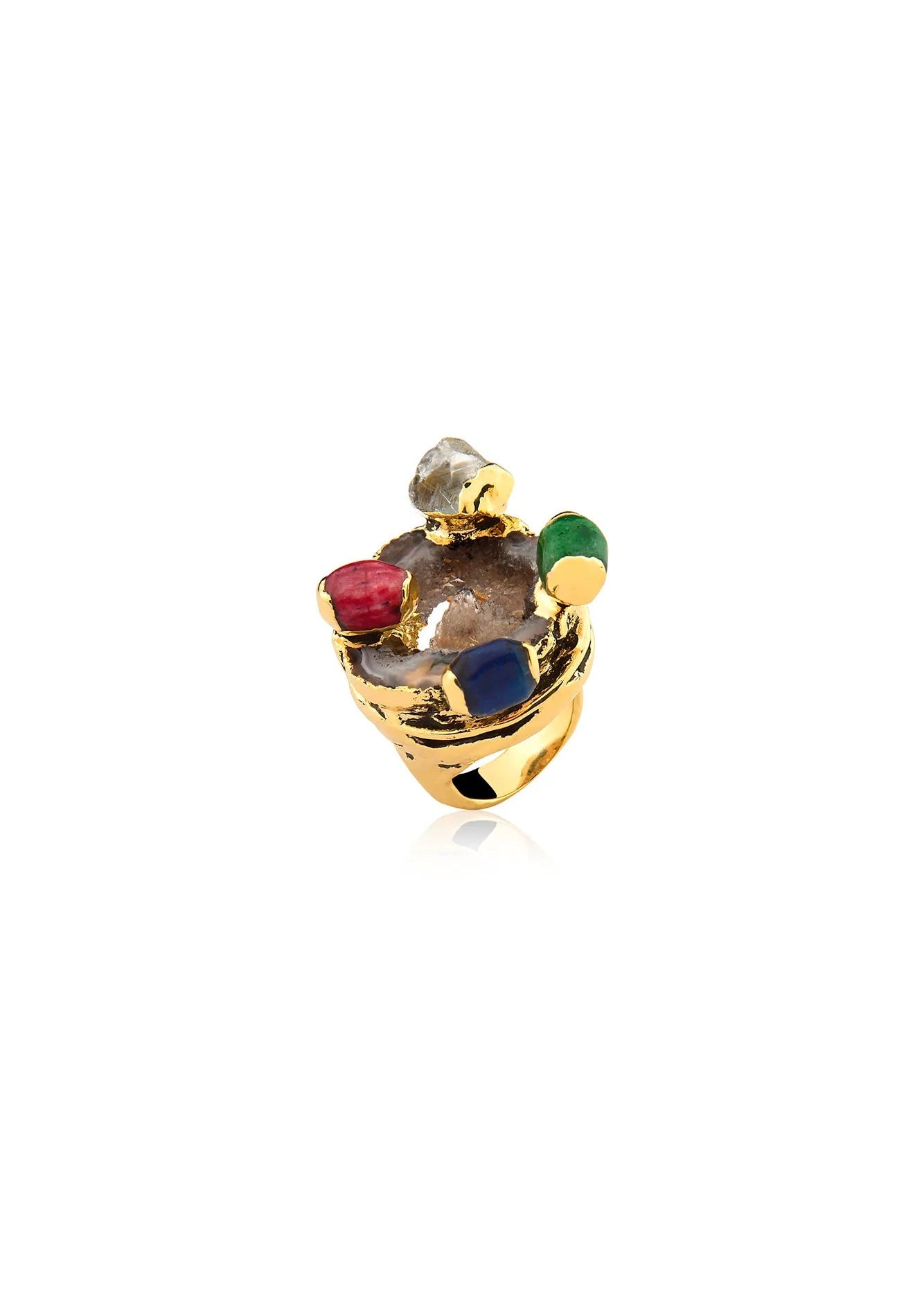 Golden ring with multicolored gemstones on a white background