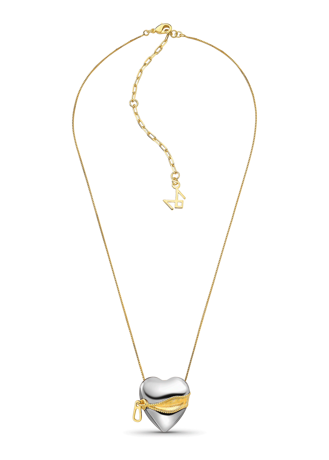 Gold and silver heart-shaped pendant necklace on a white background
