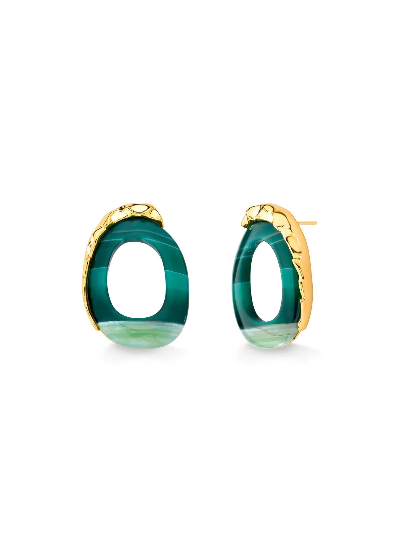 Green hoop earrings with gold accents on a white background