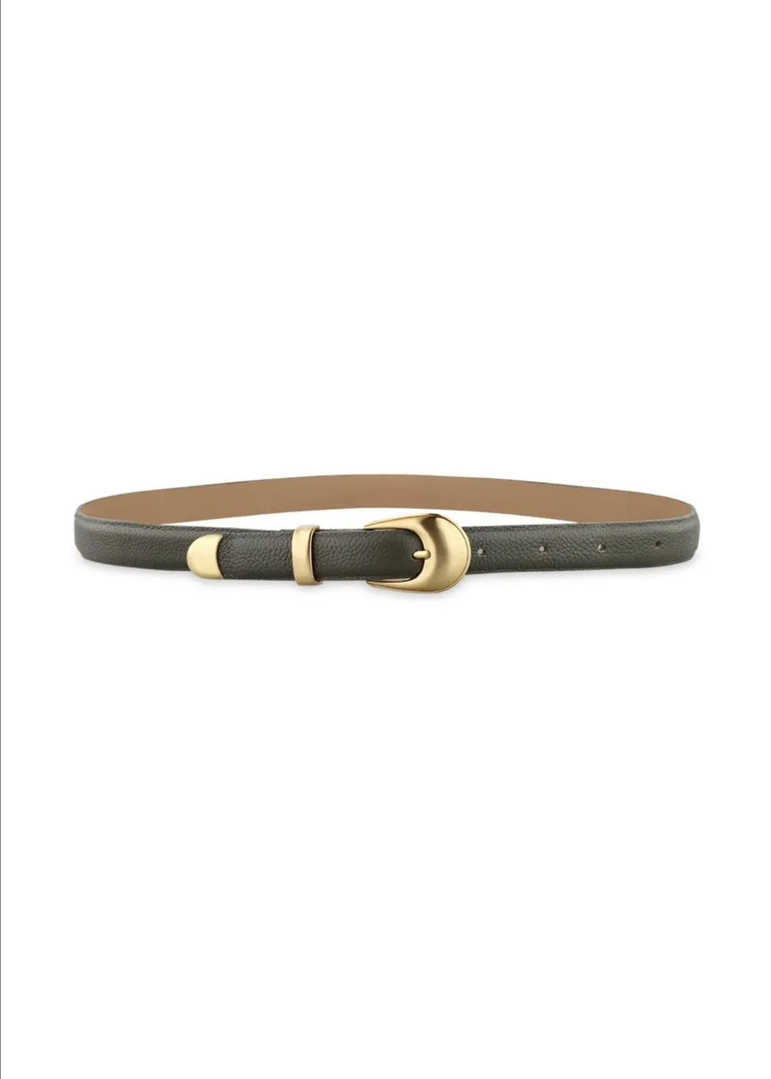 A slim belt with a dark olive green textured exterior, a tan interior lining, and a gold-tone buckle, displayed horizontally on a plain white background.