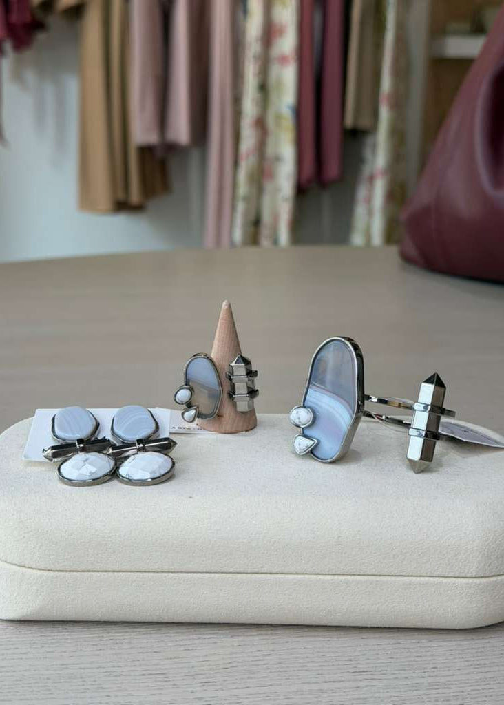 grey agate rhodium plated set