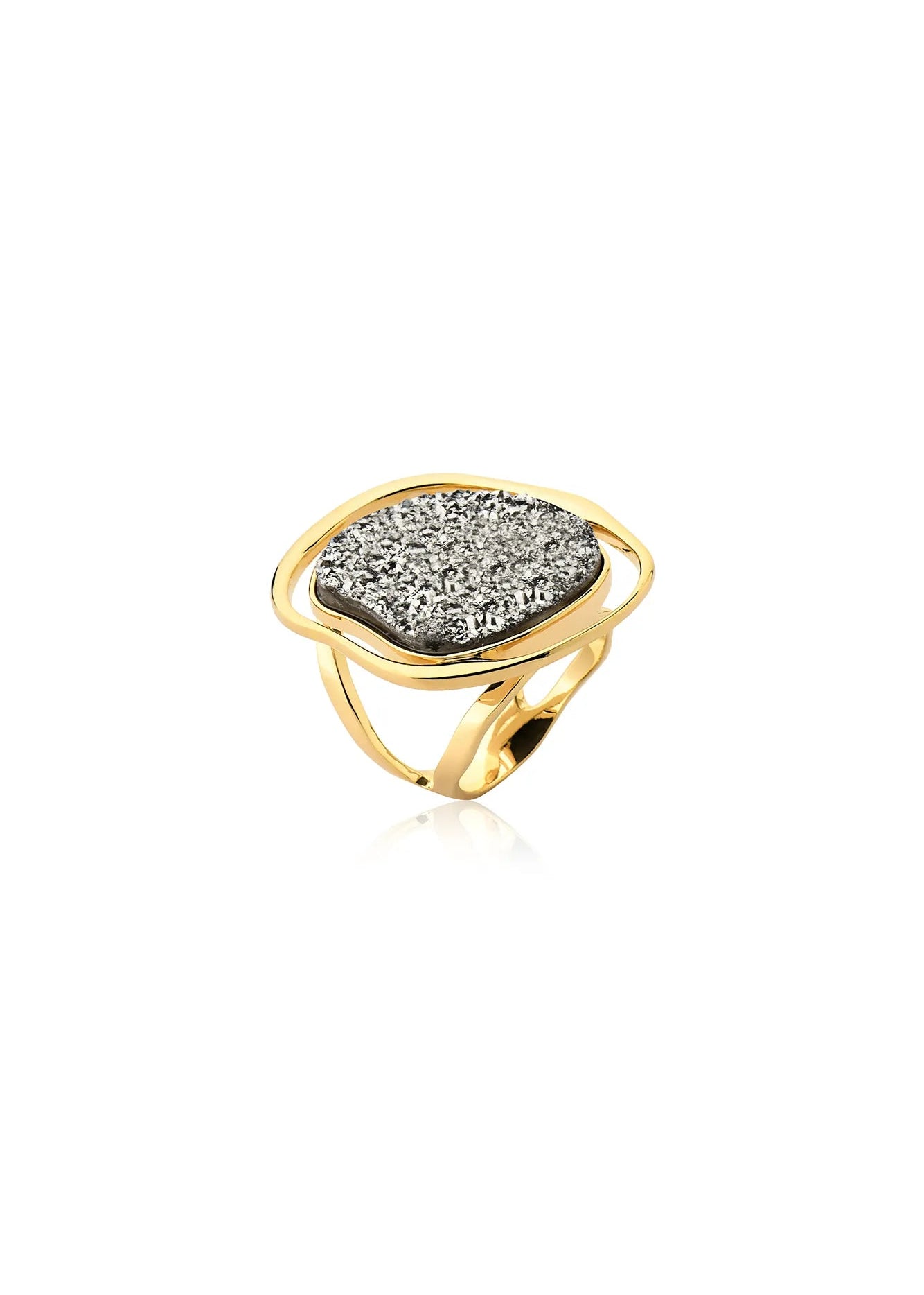A gold ring featuring a textured, square-shaped gray stone with a halo-like gold border, set against a plain white background.