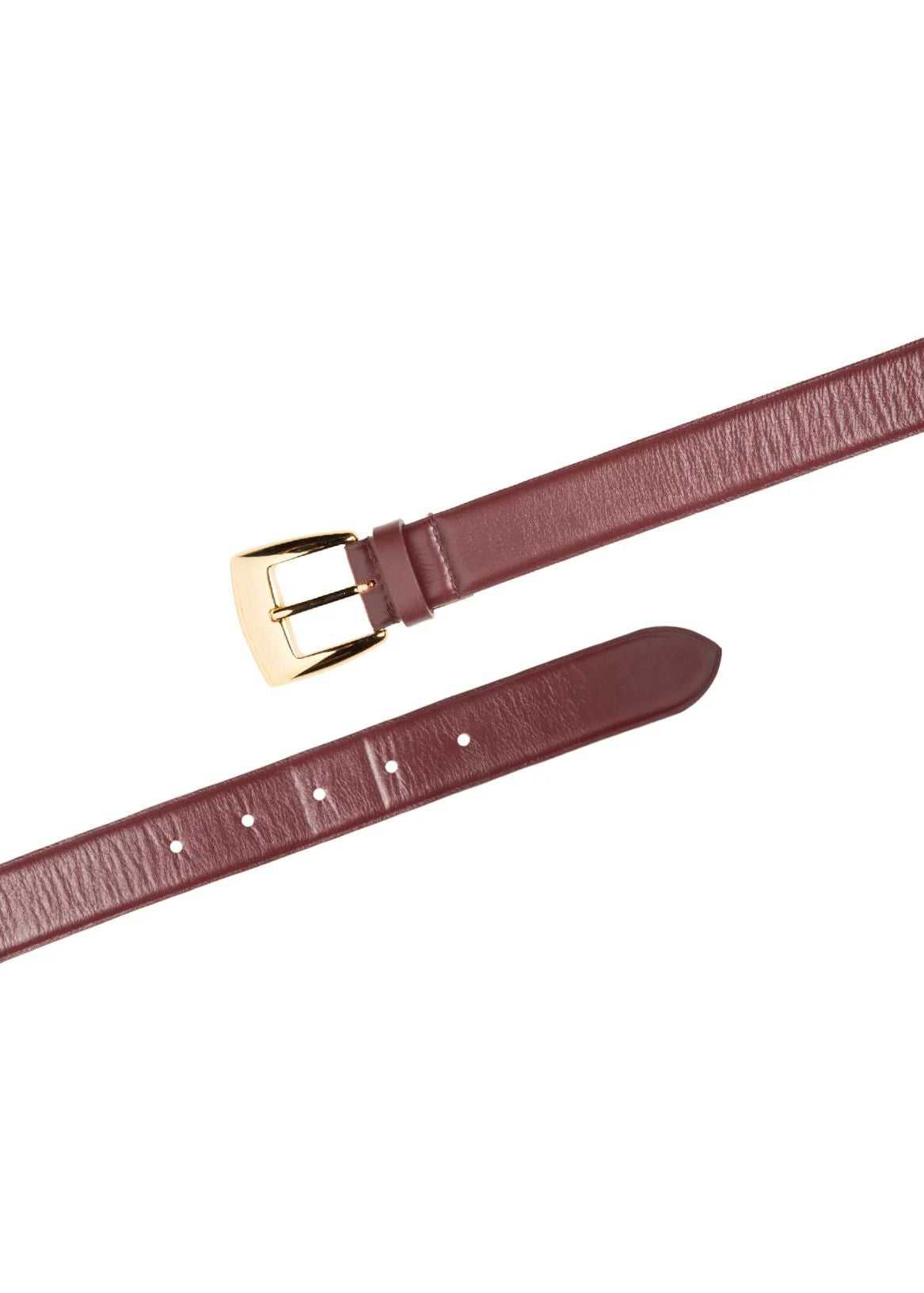Brown leather belt with a gold buckle on a white background