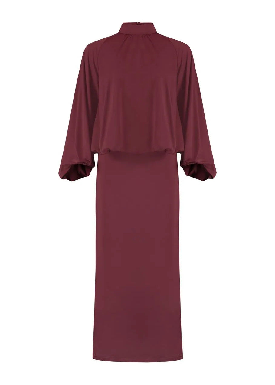 guava color dress w long-sleeve top and skirt on a white background