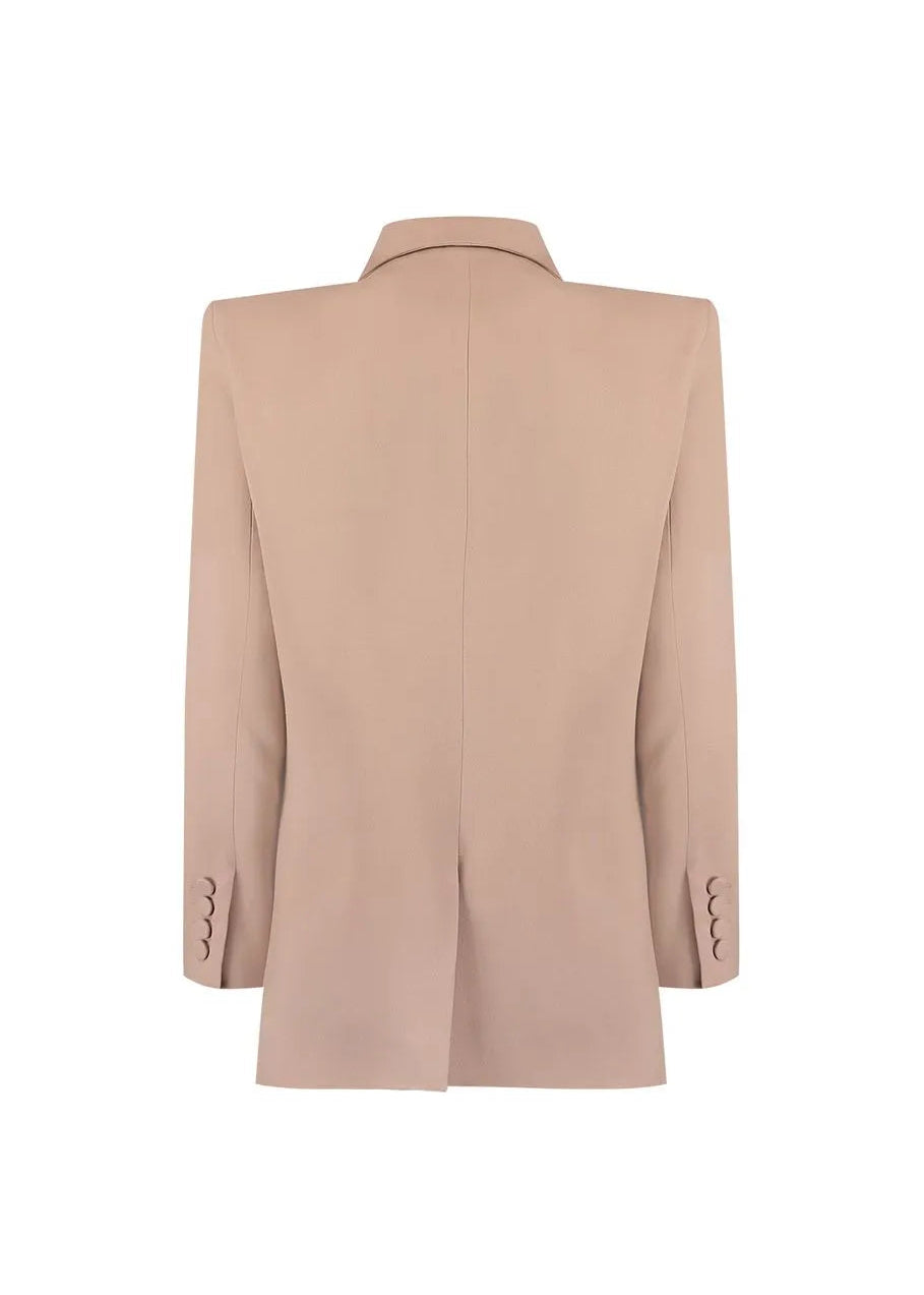 khaki color blazer with rounded buttons