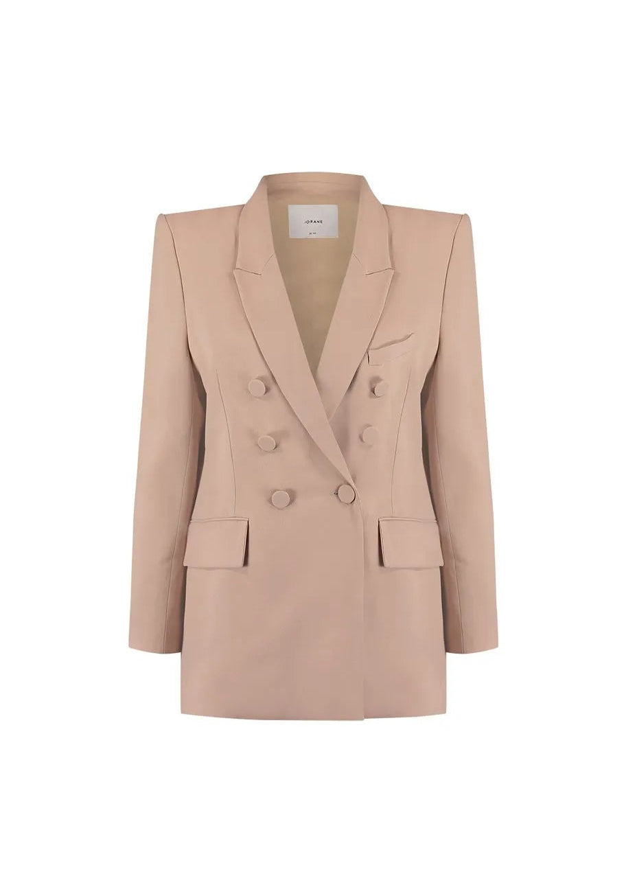 khaki color blazer with rounded buttons