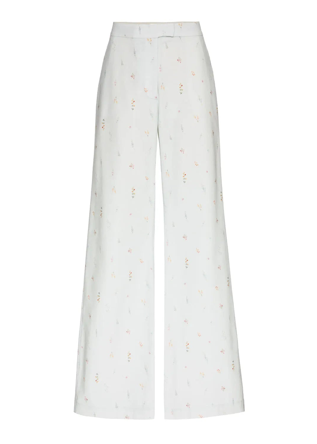light blue wide-leg trousers with a delicate, small-scale multicolor floral and leaf pattern, shown flat against a solid white background.