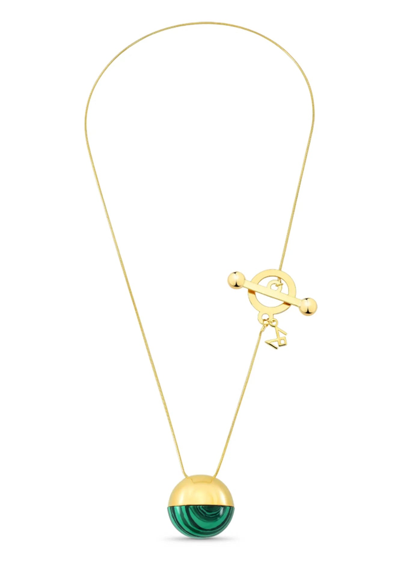 Gold necklace with a green pendant on a white background