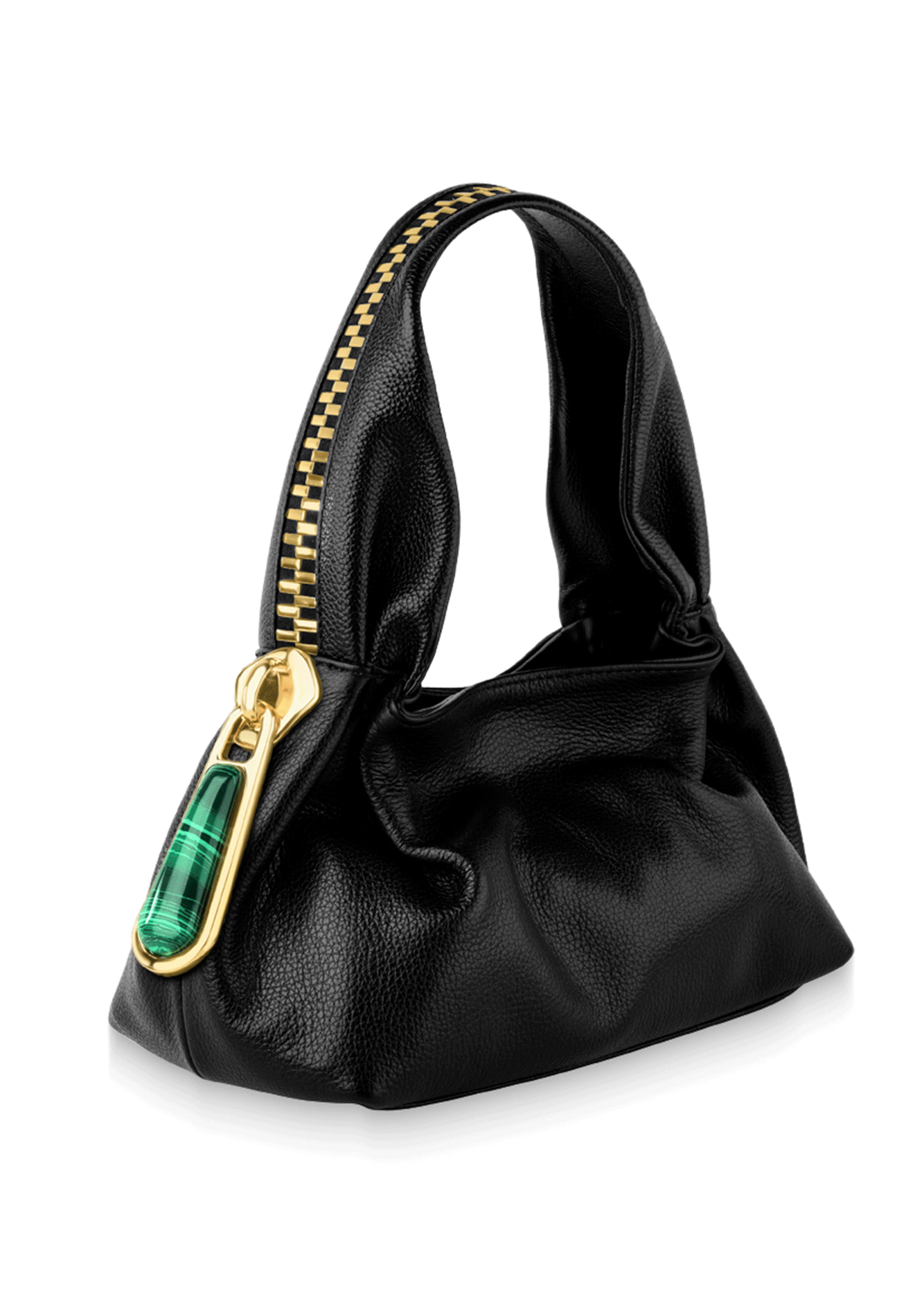 Black handbag with gold zipper and green gemstone on a white background