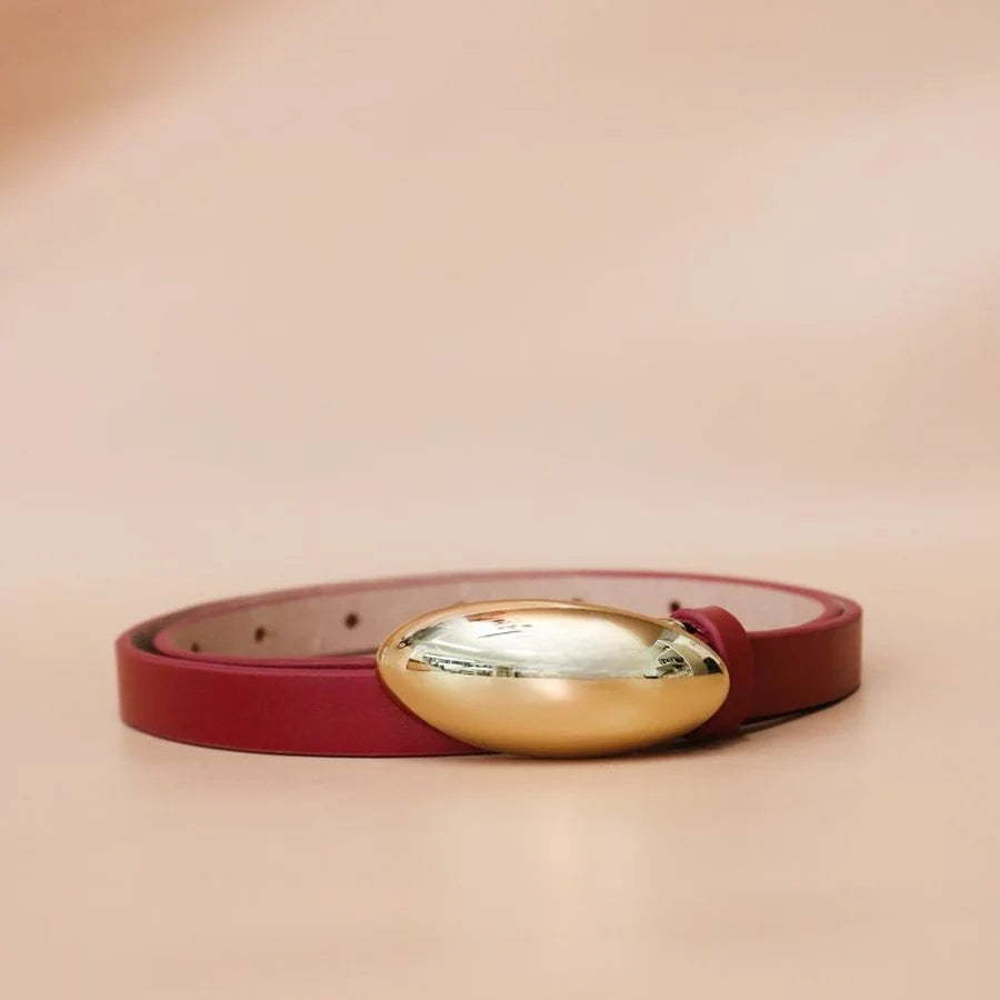Red belt with a gold buckle on a beige background