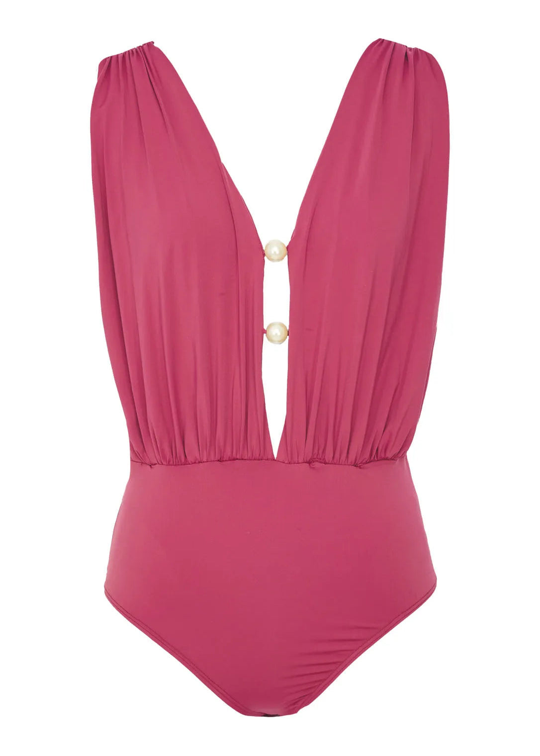 A pink one-piece bodysuit with a plunging V-neckline, gathered shoulder straps, and three decorative pearl-like buttons down the center front, shown against a plain white background.