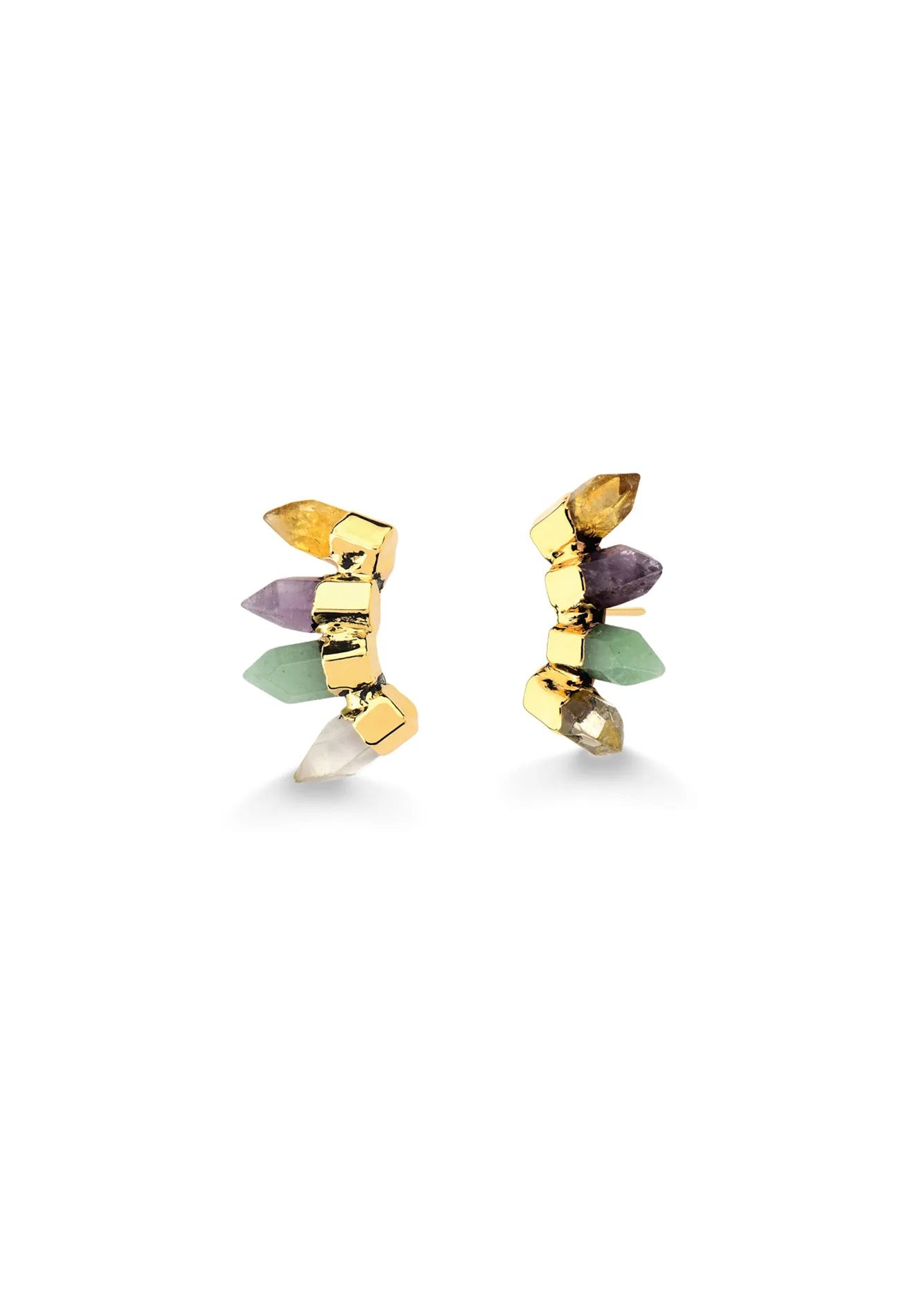 Gold earrings with multicolored stones on a white background