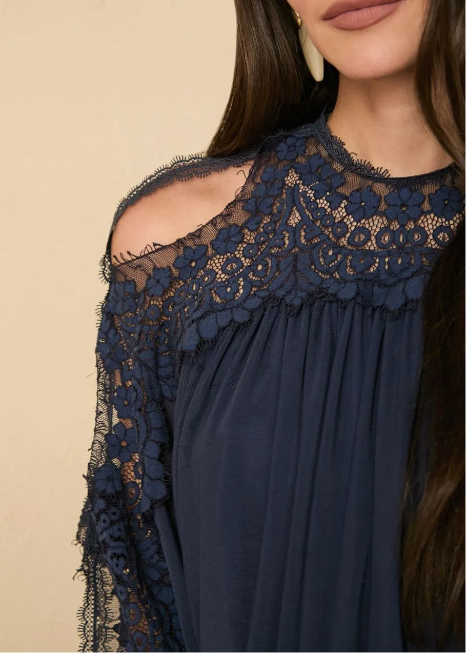 navy blouse top with lace details