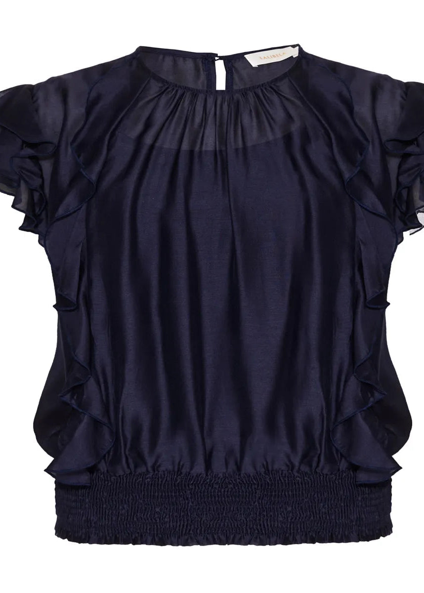Navy blue blouse with ruffled sleeves