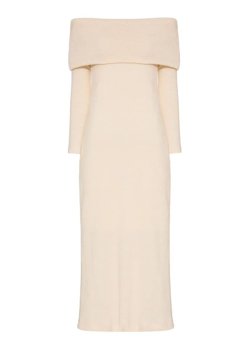 An off-the-shoulder knit midi dress in a warm cream or ivory color, shown against a plain white background.