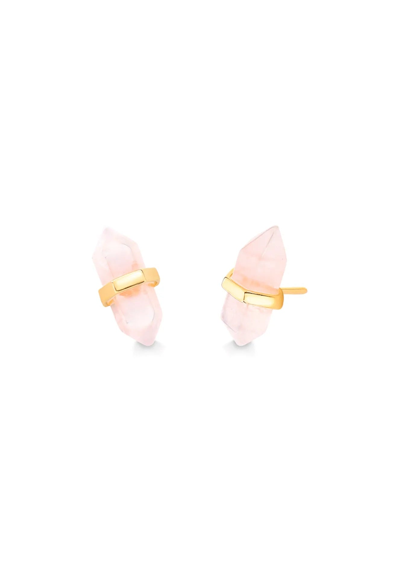 Pair of pink stone earrings with gold accents on a white background