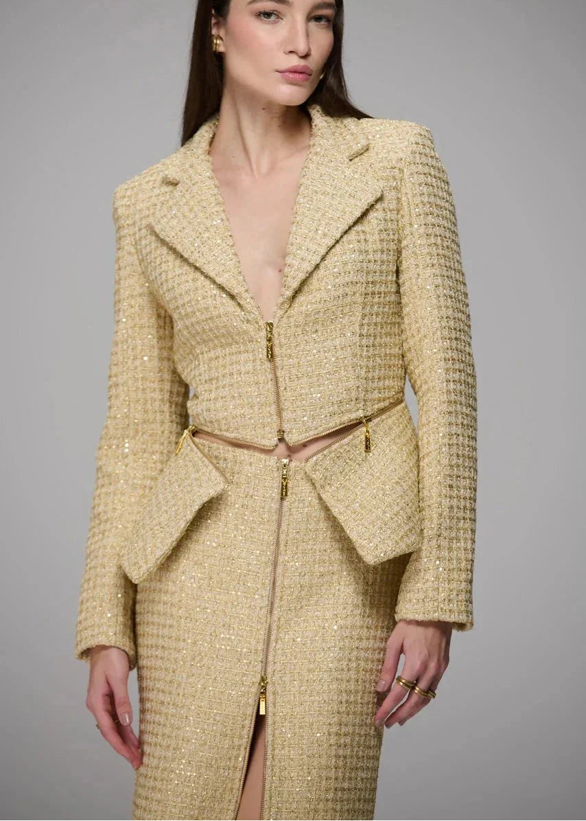 Tweed Midi Skirt with Front Zipper