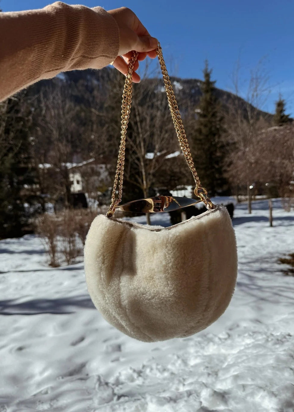 Beige handbag with gold chain held by a hand against a snowy landscape.