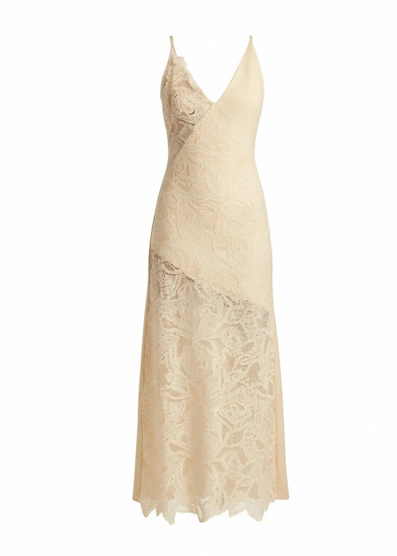 A sleeveless cream lace slip dress with a V-neckline and thin shoulder straps, displayed on a clean white background.