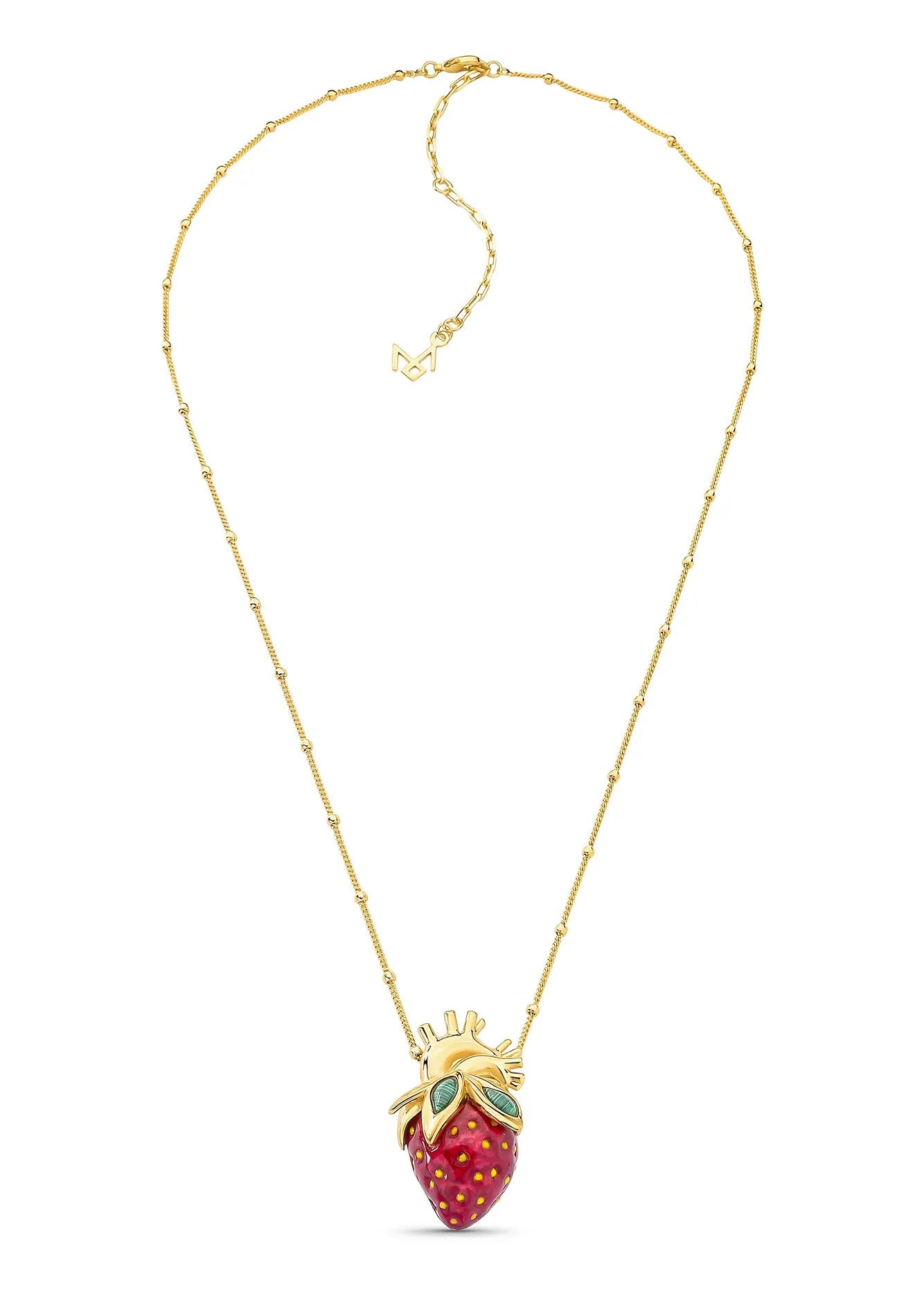 Gold necklace with a strawberry-shaped pendant on a white background