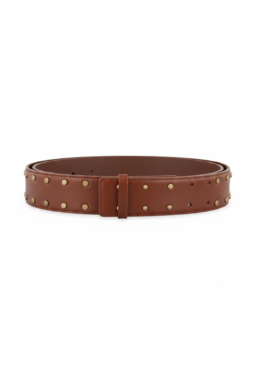 A black leather belt with evenly spaced gold-tone metal studs, displayed horizontally against a plain white background.