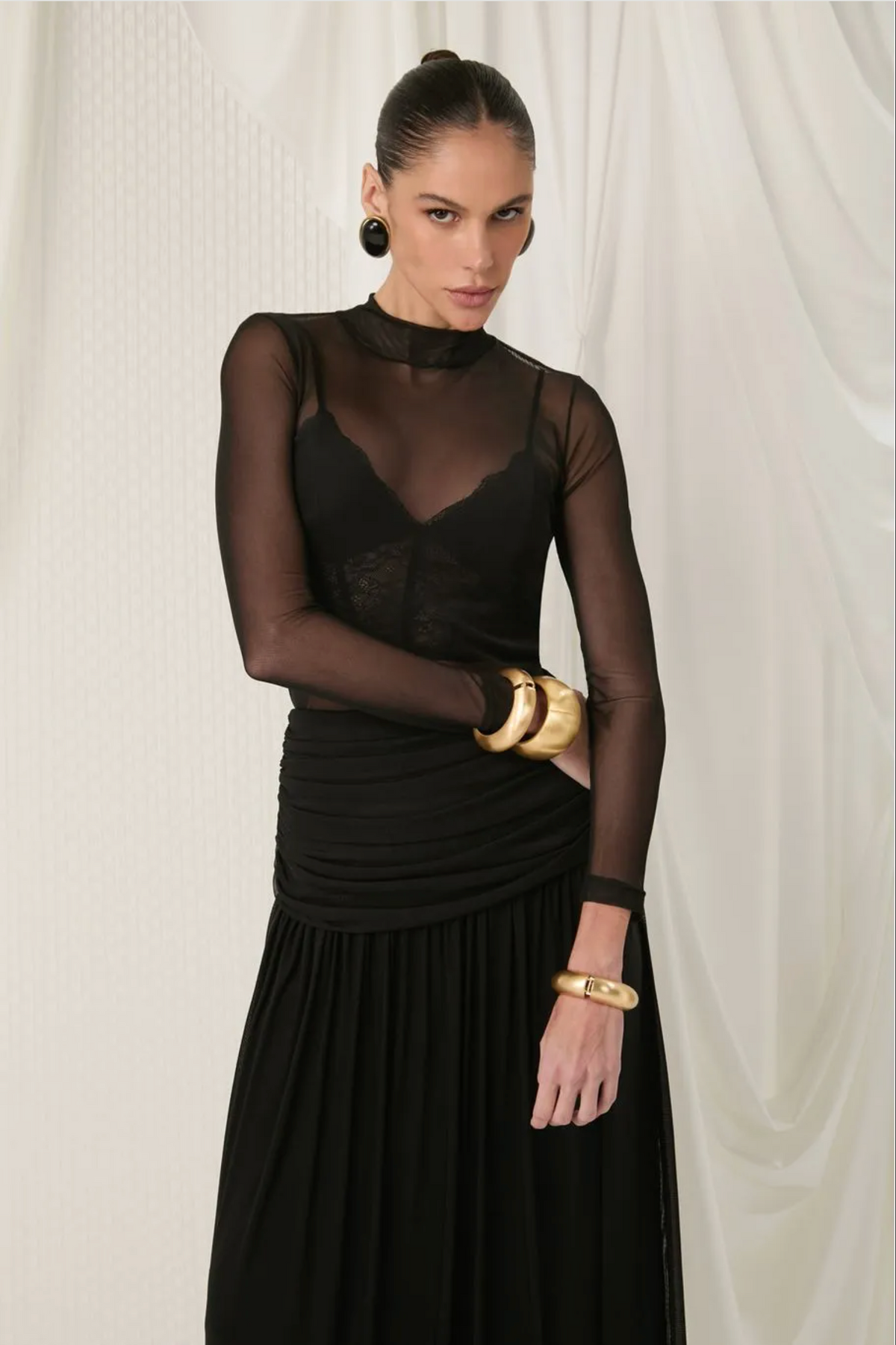 Black tulle long-sleeve blouse