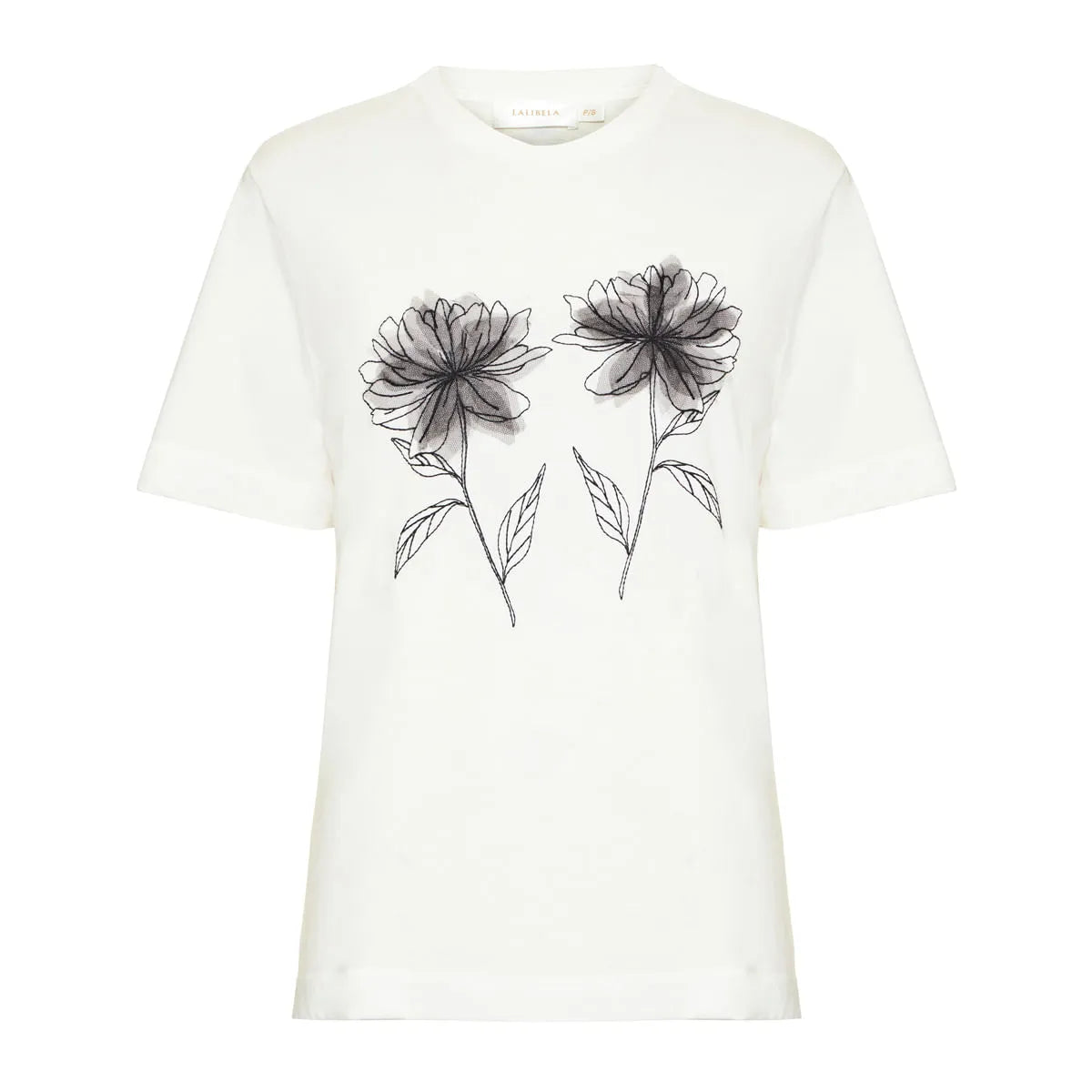 White t-shirt with black floral designs