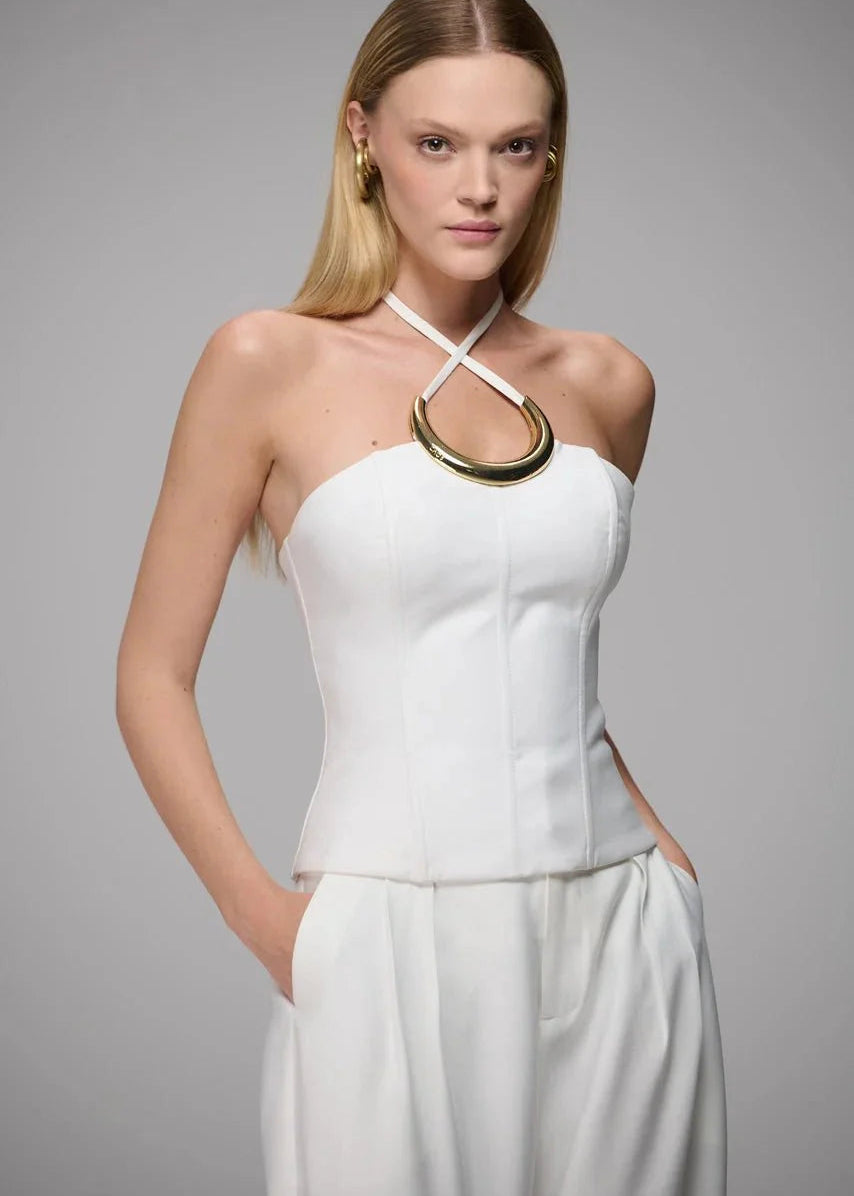 white strapless top with gold metal details