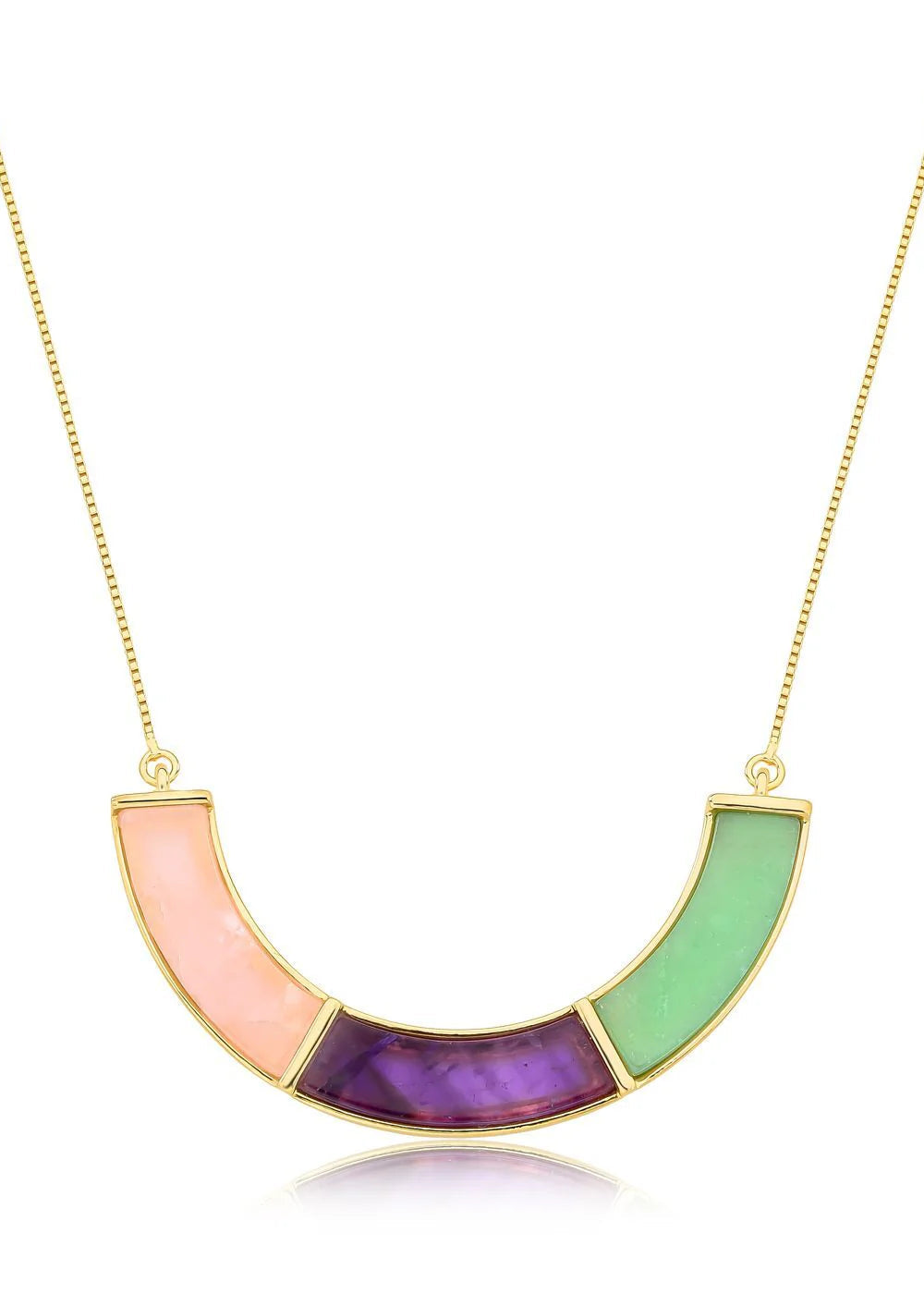 Necklace with a colorful semi-circular pendant on a white background