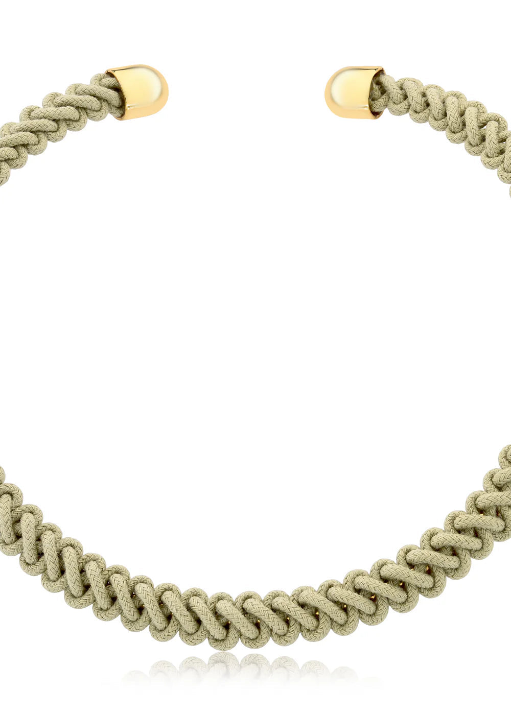 Beige braided necklace with gold clasp on a white background
