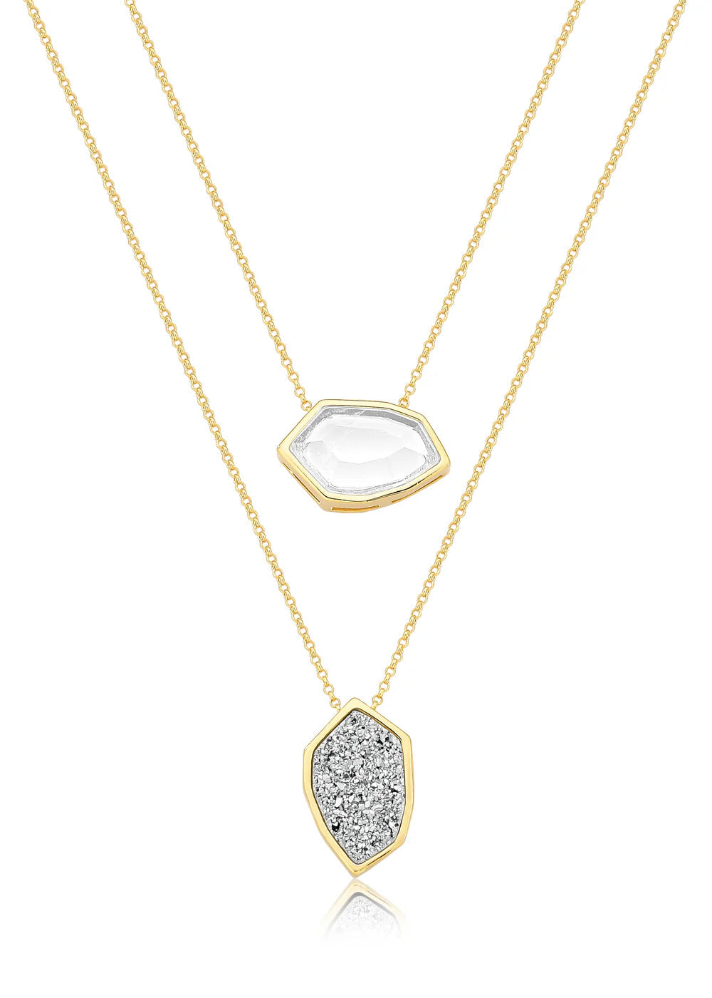 Two gold necklaces with pendant stones on a white background