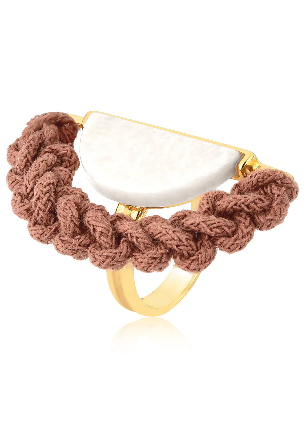 Ring with braided brown band and white ceramic piece on a white background
