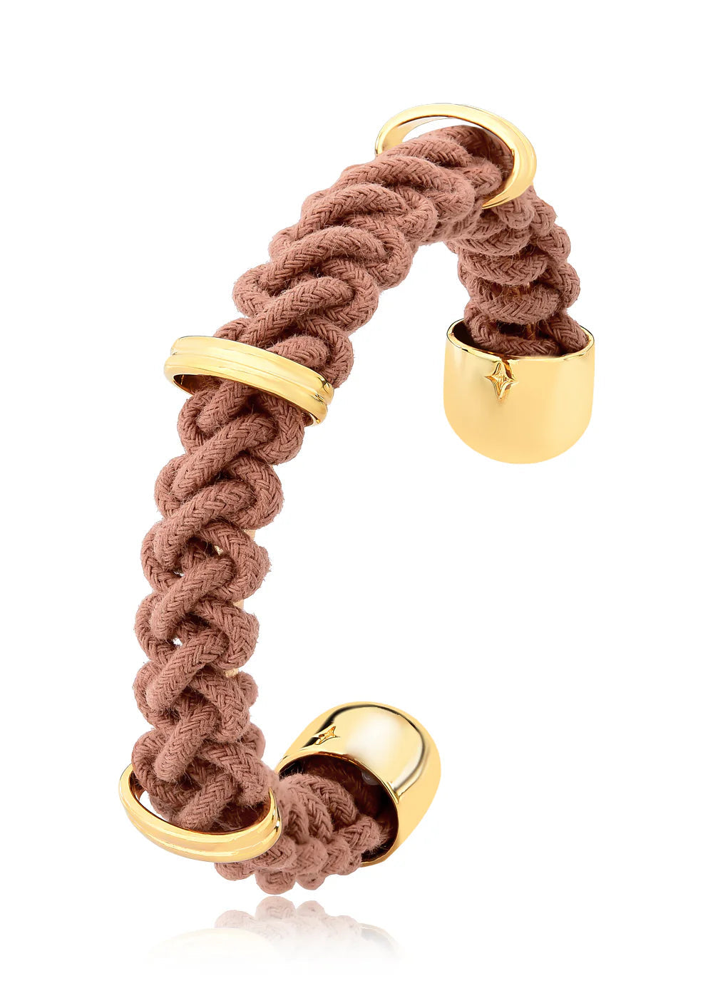 Brown braided bracelet with gold accents on a white background