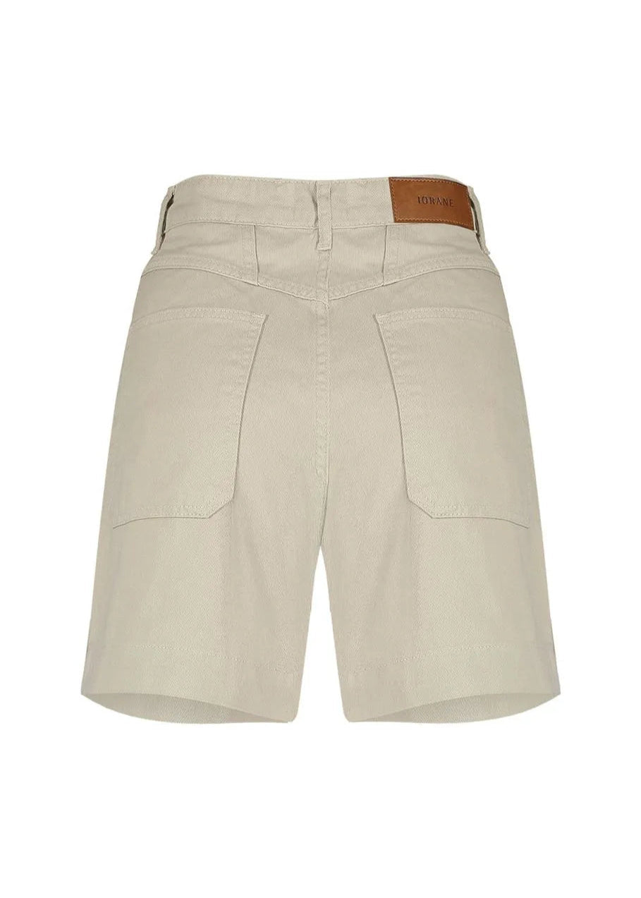 Beige shorts with a brown belt on a white background