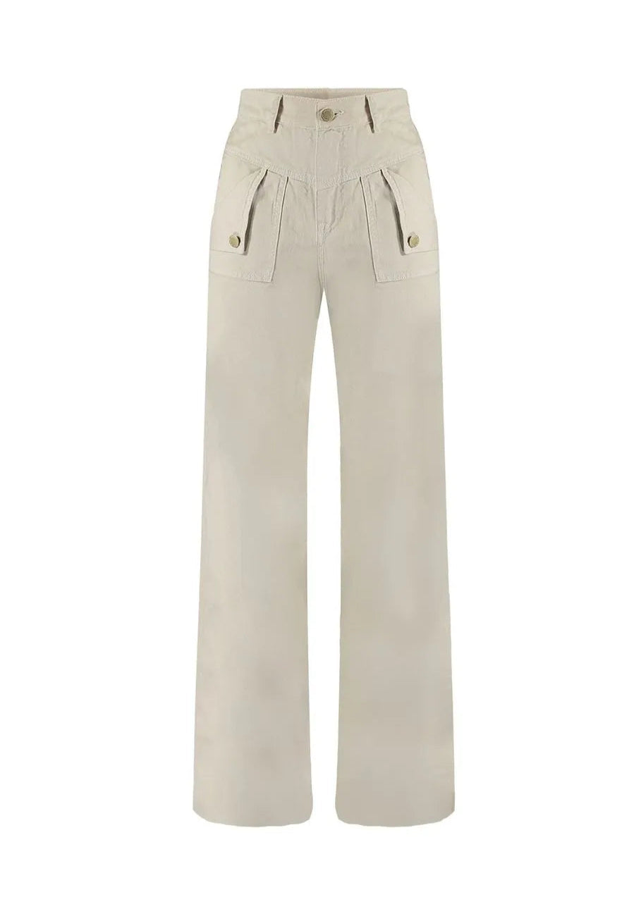 Beige pants with button details on a white background