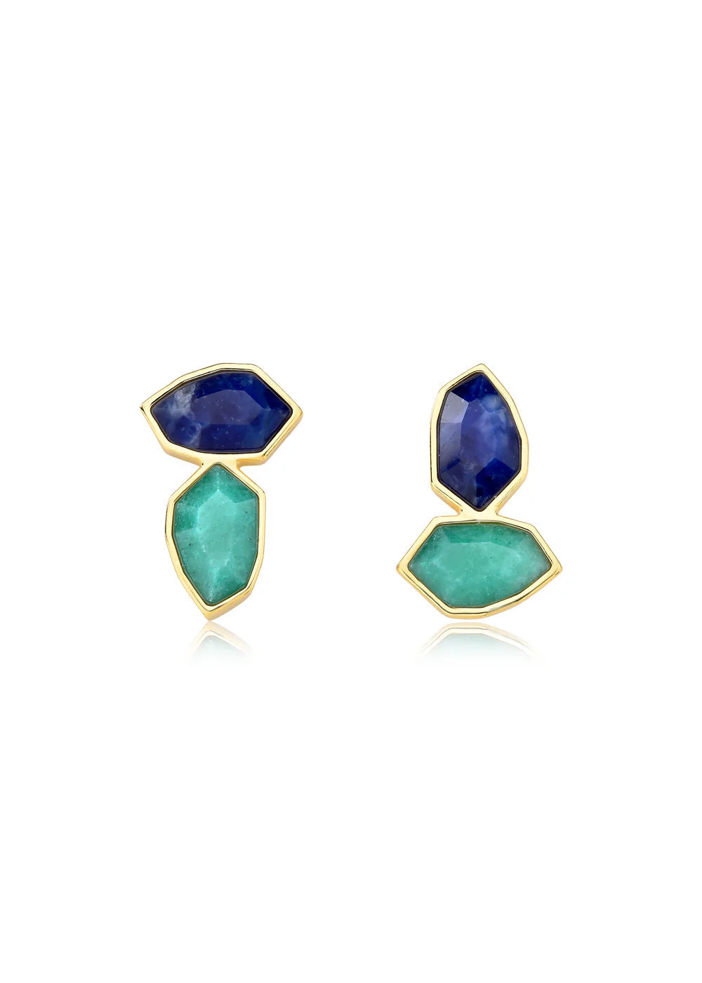 Pair of earrings with blue and green gemstones on a white background