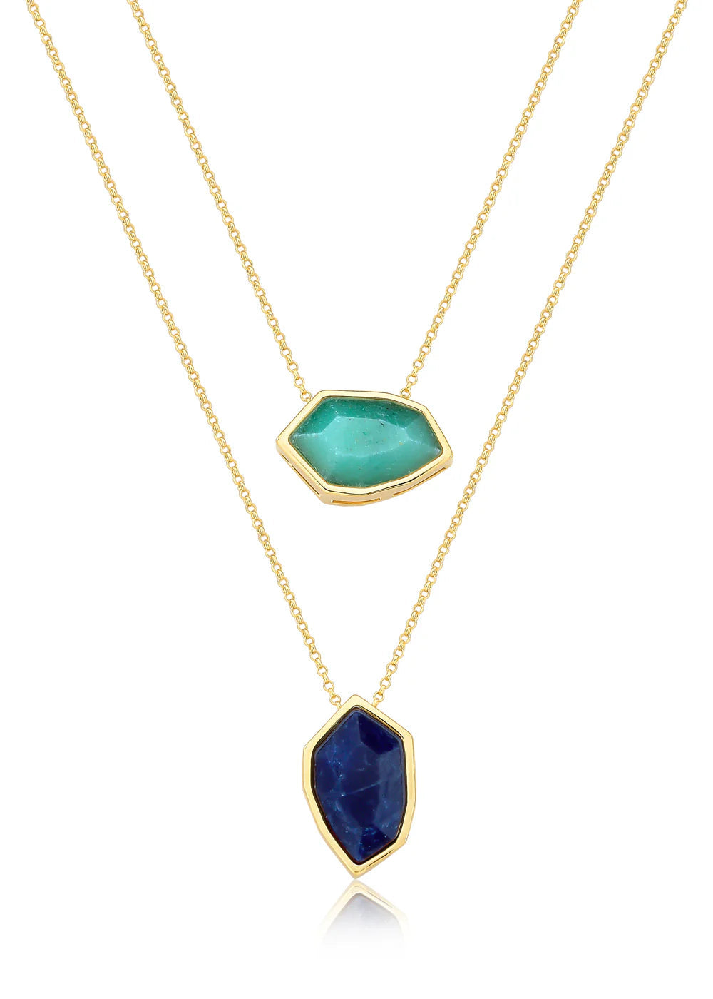 Two gold necklaces with green and blue pendant stones on a white background