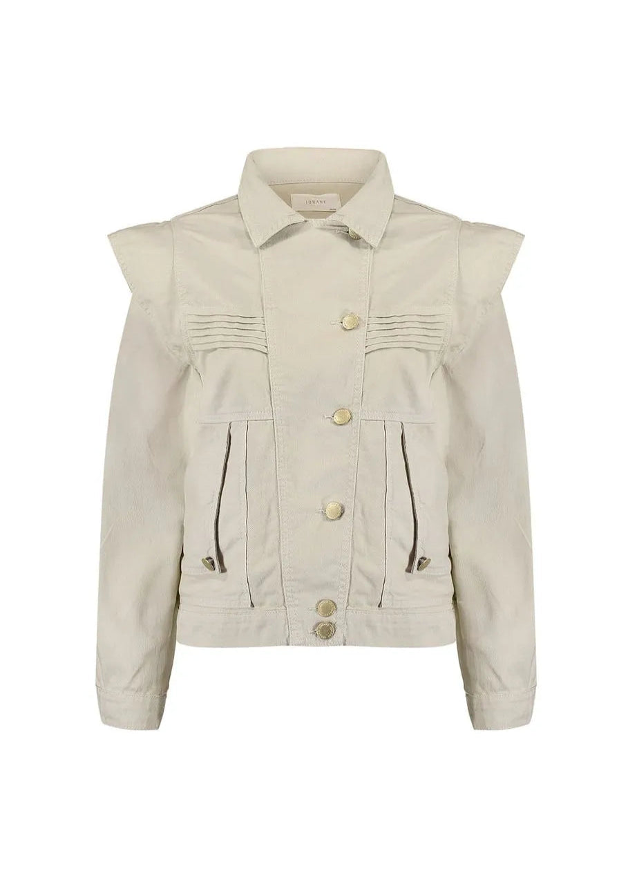Beige jacket with ruffled shoulders on a white background