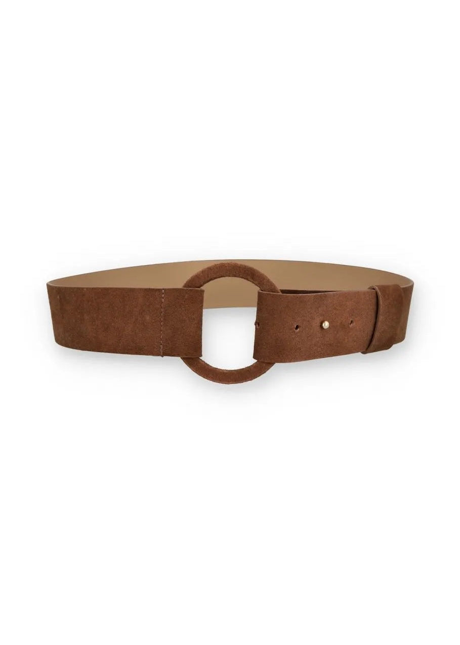 Brown belt with a large round buckle on a white background