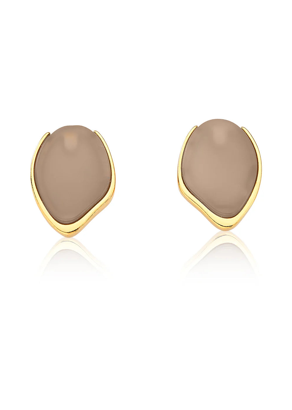 Pair of gold earrings with beige stones on a white background