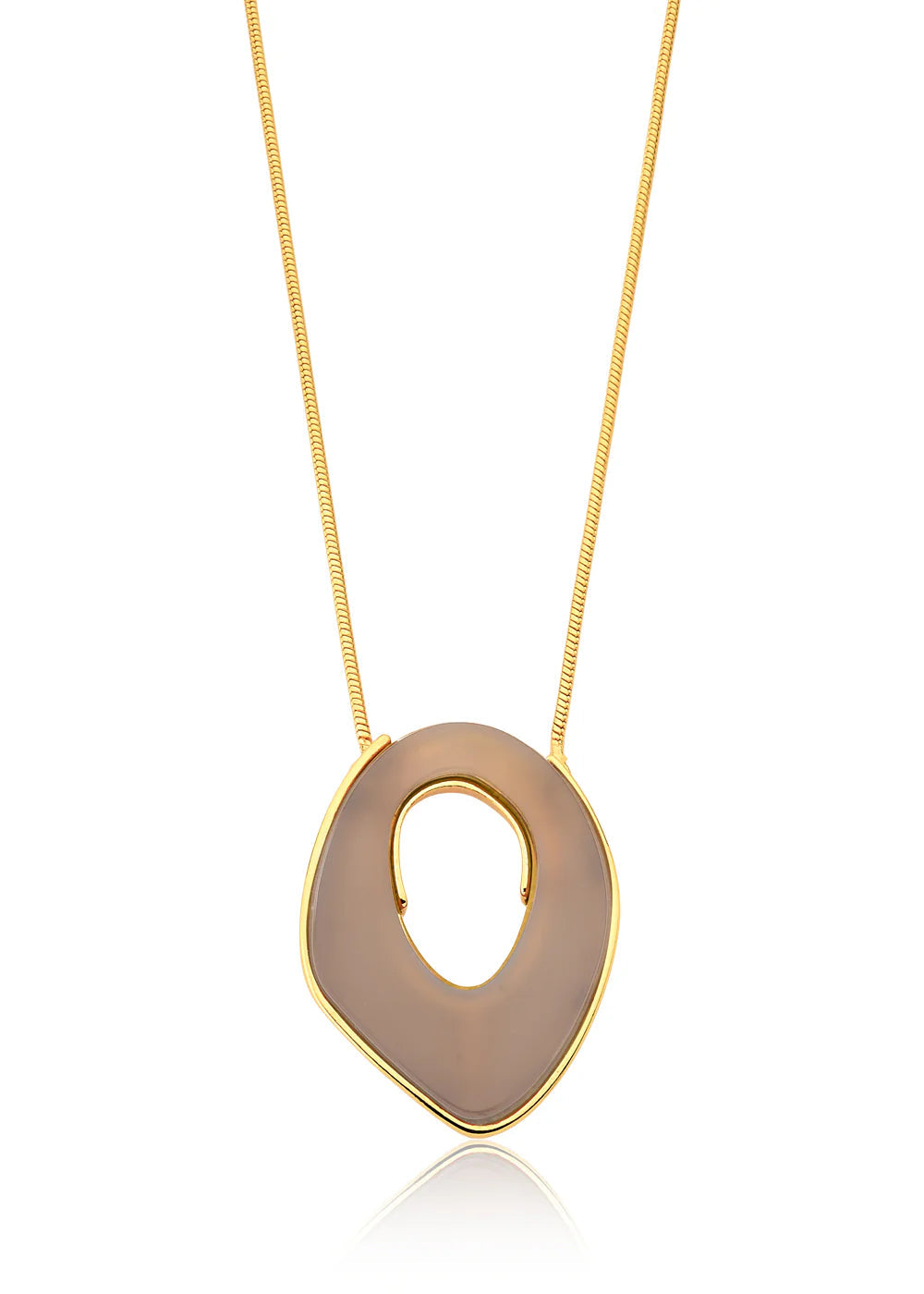 Necklace with a gold chain and a large, oval-shaped pendant on a white background