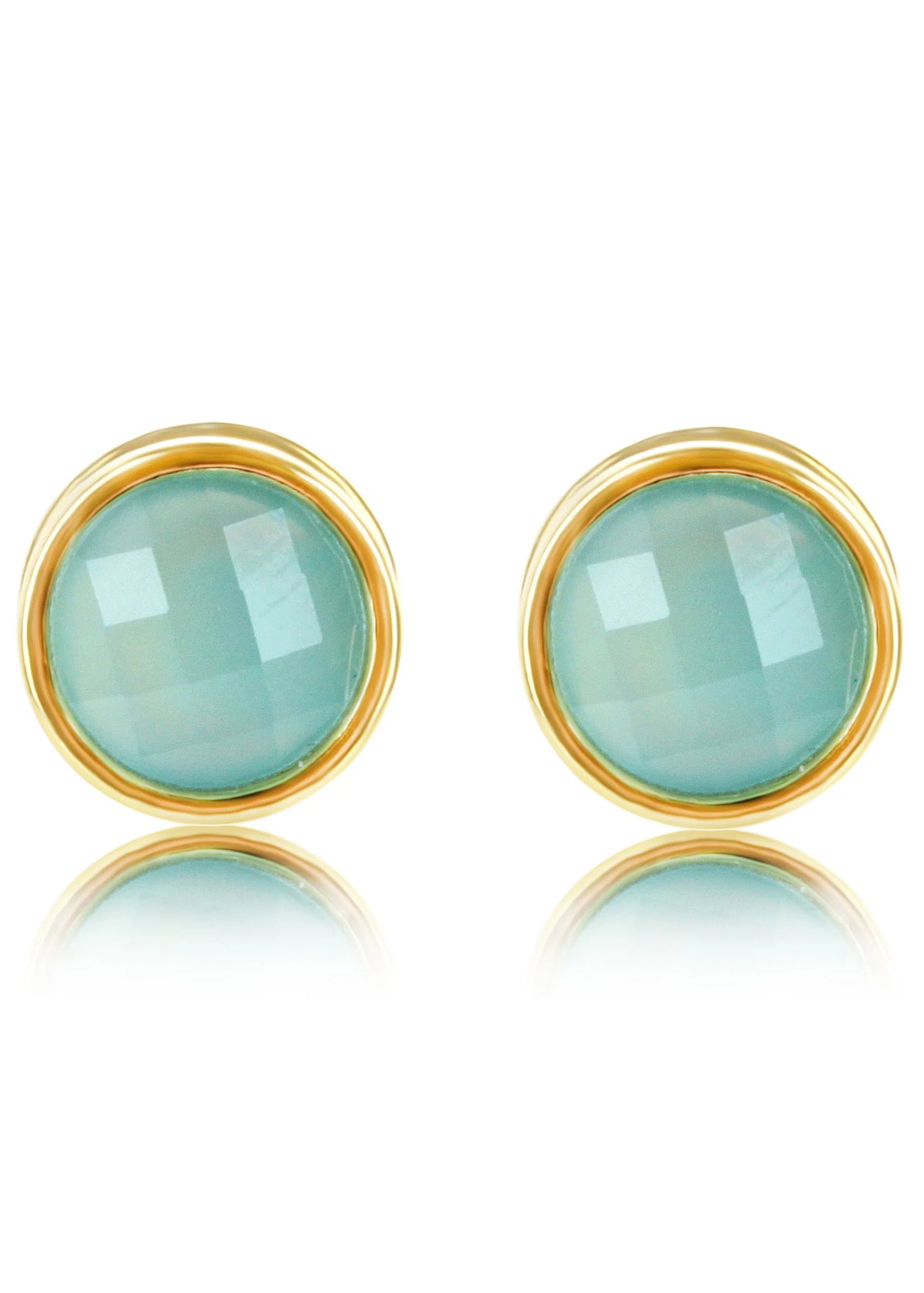 Pair of gold-framed light blue round earrings on a white background