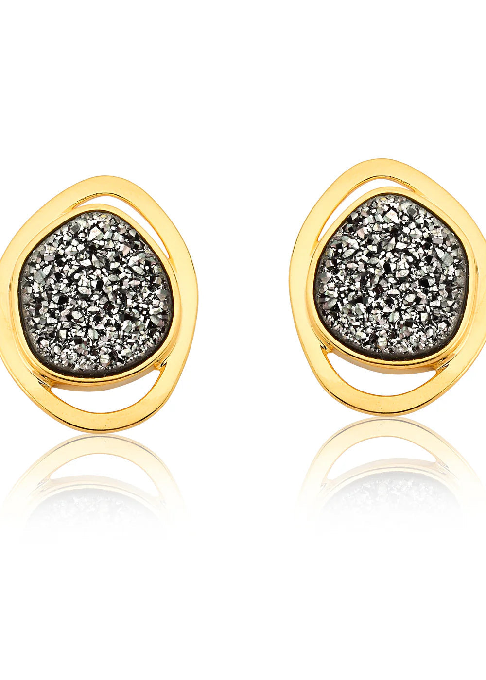 Gold earrings with gray gemstones on a white background