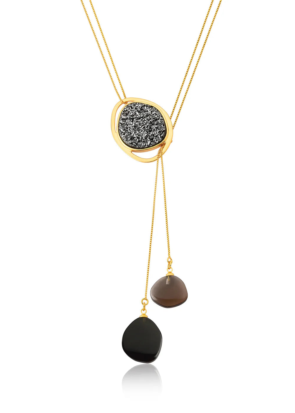 Gold necklace with black and gray pendant on a white background