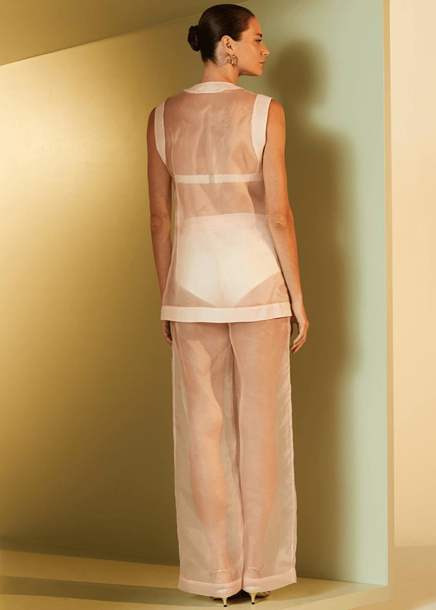 Woman wearing a sheer outfit standing in a softly lit room.